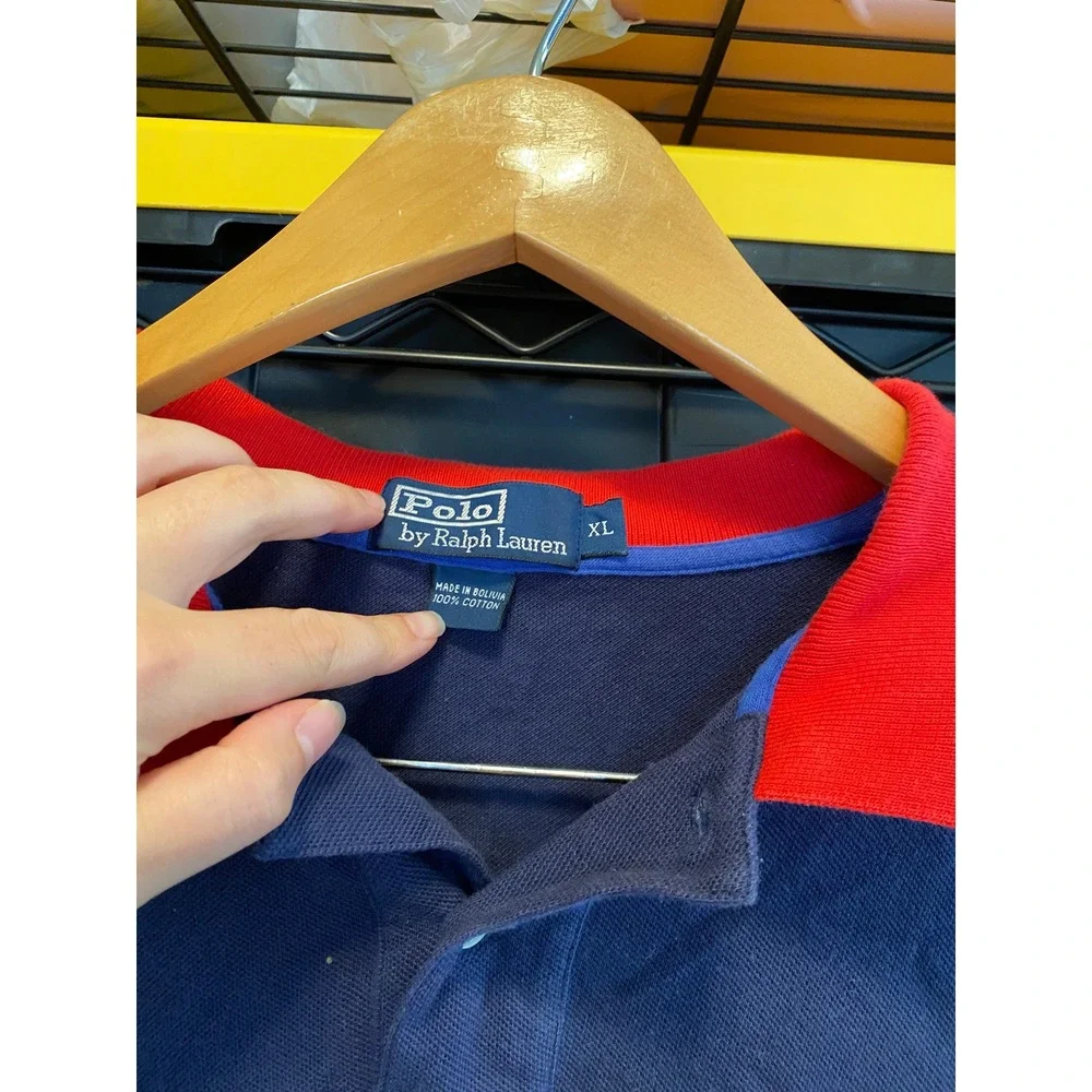 Vintage Ralph Lauren Polo Shirt Contrast Collar XL Navy Blue Red Cotton Preppy